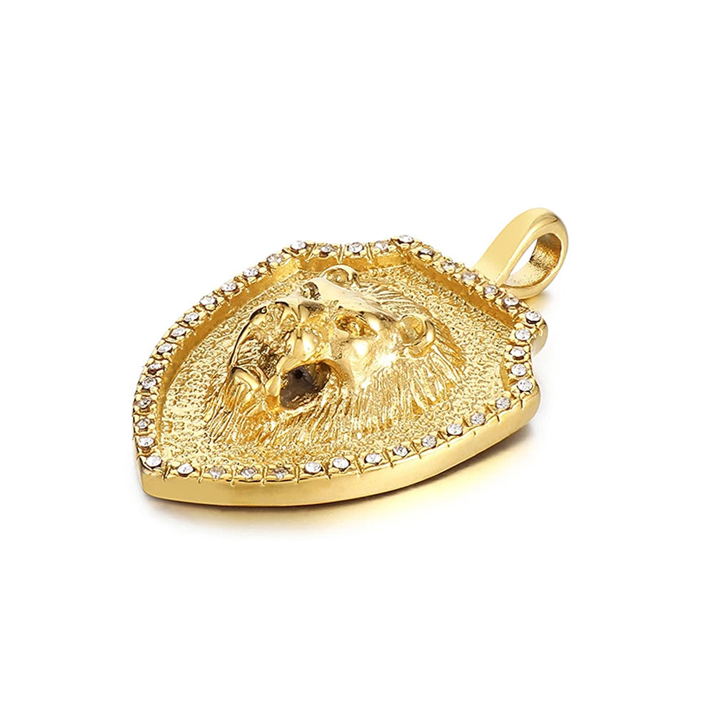 Lion Head Shield Pendant Necklace — Stainless Steel