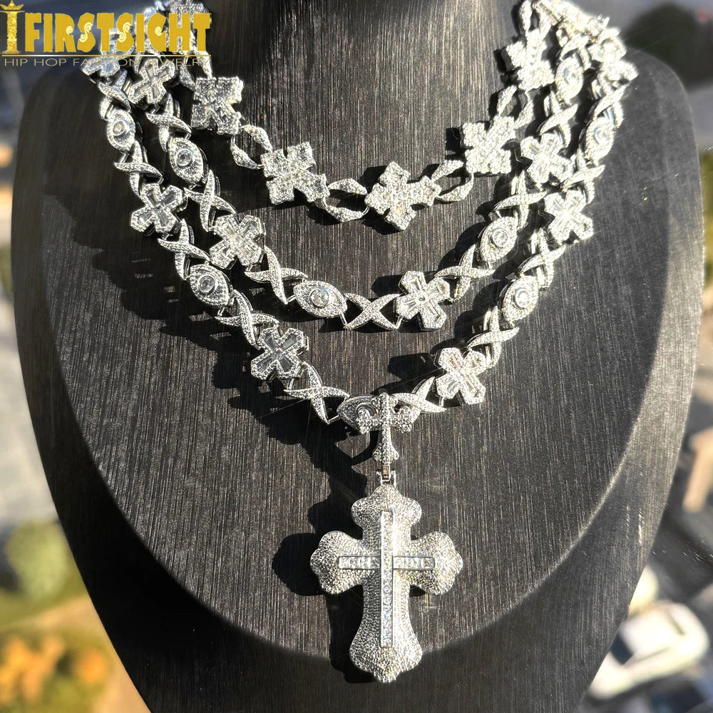 2025 New Iced Out Cross Pendant Necklace for Men Women Bling Gold Color Cubic Zirconia Infinity Link Eye Charm Hip Hop