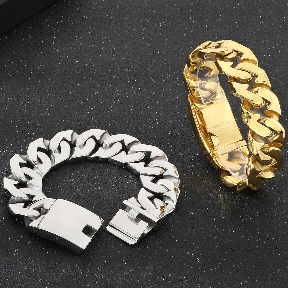 Waterproof 316l Stainless Steel Jewelry Bracelet for Man 24MM Width Curb Cuban Link Chain Men's Bracelets Fathers' Day