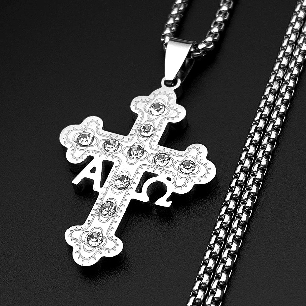 Orthodox Alpha Omega Cross Necklace Men Women Stainless Steel Gold Color Crystal Byzantine Chain Religious Faith