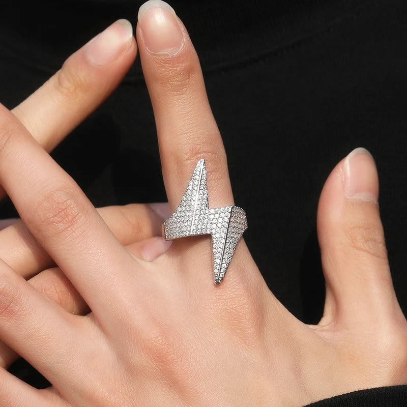 Iced Out Lightning Bolt Ring for Men — Two-Tone CZ Pave