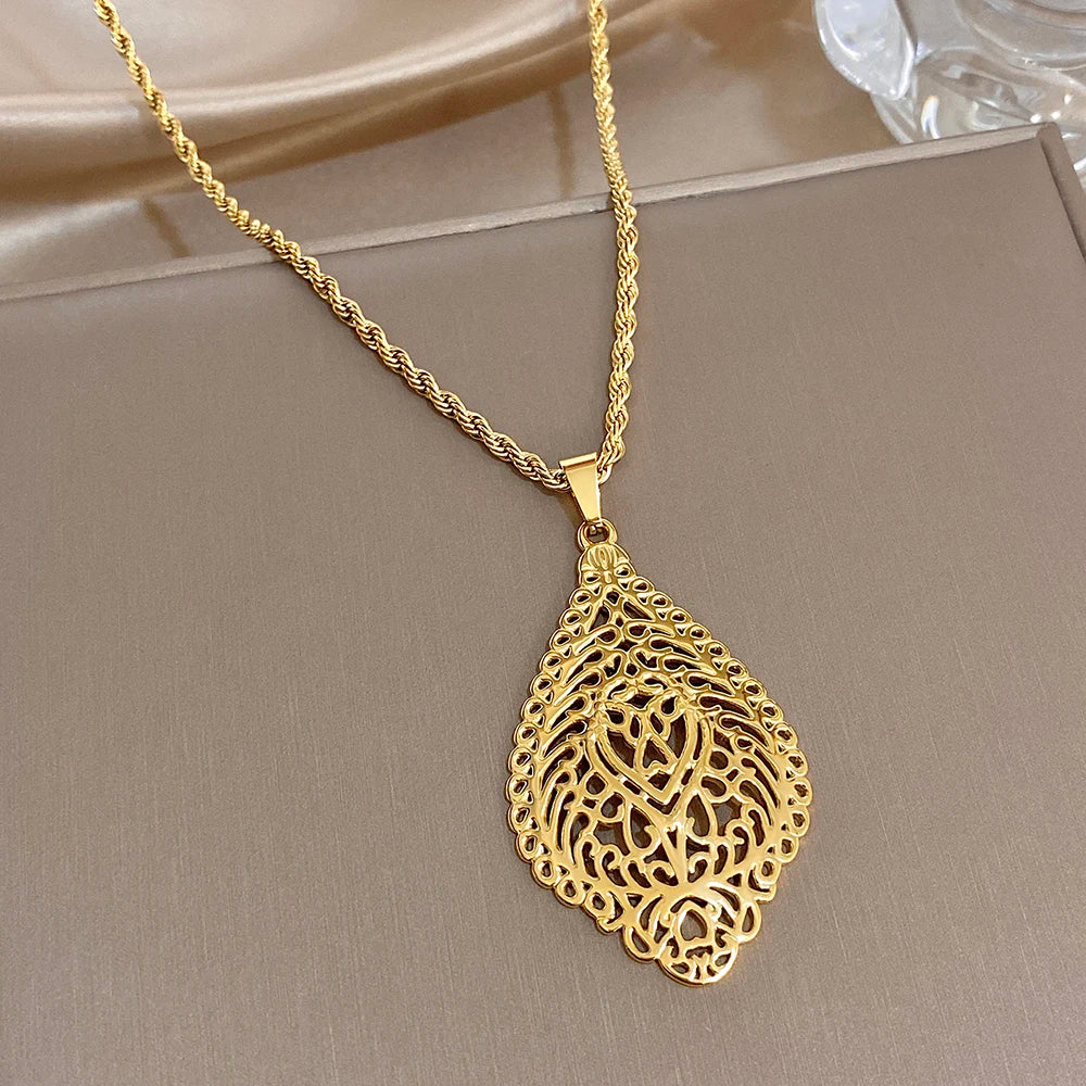Greatera Vintage Embossment Teardrop Pendant Necklace For Women Men Chic Hollow Artistic Design Stainless Steel Jewelry Party