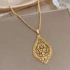 Greatera Vintage Embossment Teardrop Pendant Necklace For Women Men Chic Hollow Artistic Design Stainless Steel Jewelry Party