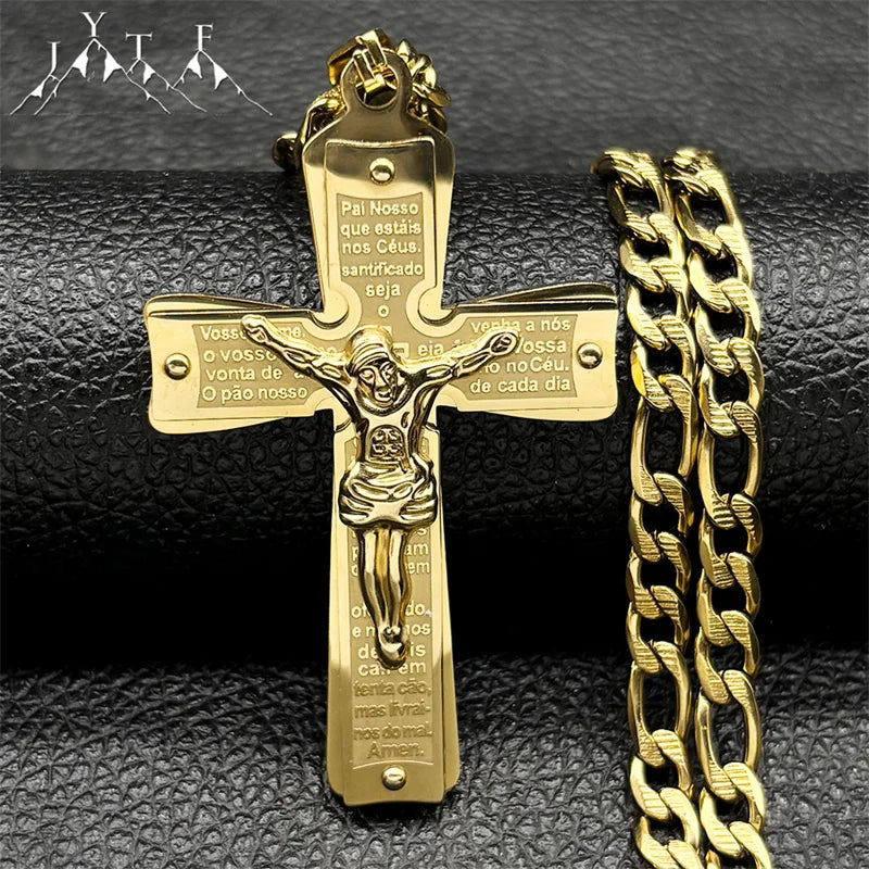 Christian Jesus Cross Crucifix Necklace for Man Women Stainless Steel Gold Color Bible Men's Chain Prayer Baptism Gift