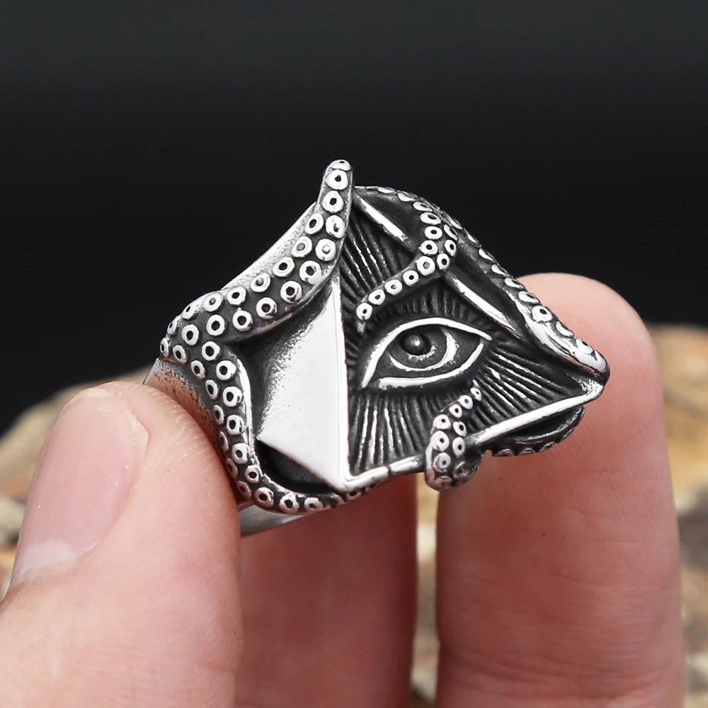 Steel Ring Vintage Masonic Punk Octopus Eyes