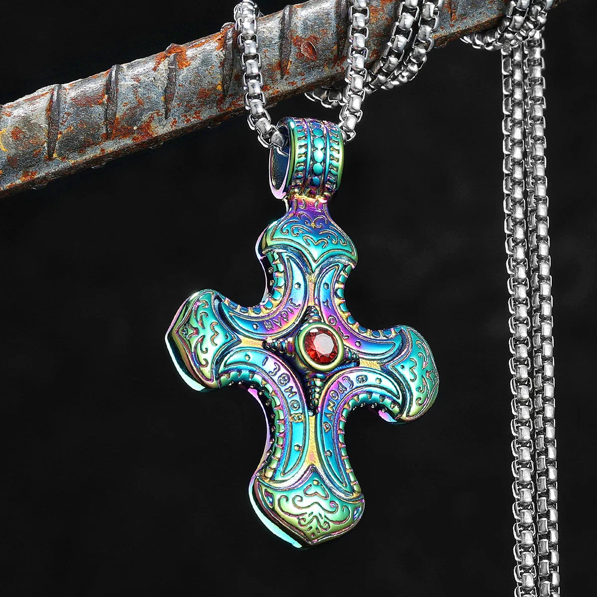 Cross Gemstone Pendant — Stainless Steel