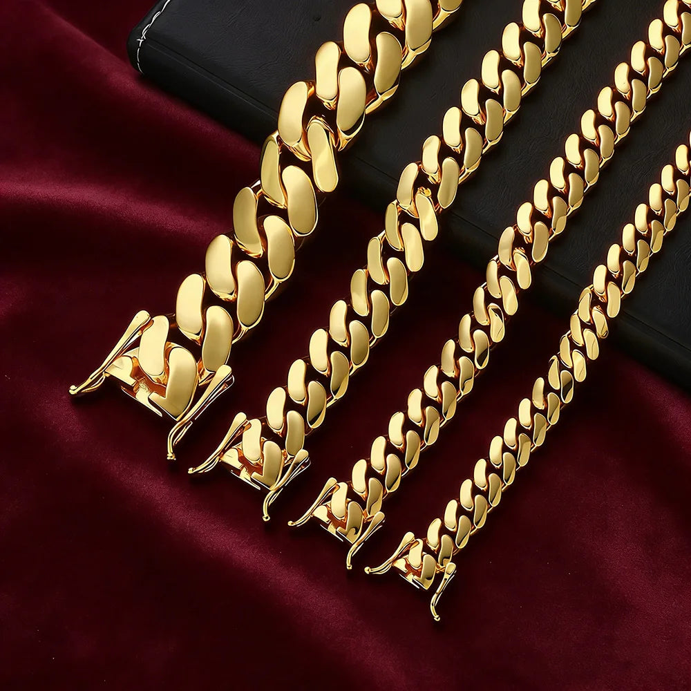 Gold Cuban Chain Necklace 10/12/15/22MM Smooth