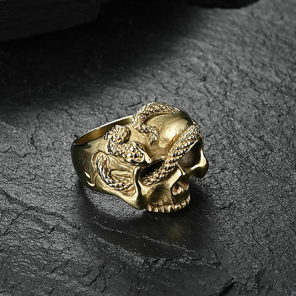 Gothic 316L Stainless Steel Skull Snake Ring For Men Punk Hip Hop Steel/Gold Color Skull Rings Fashion Jewelry Gift Wholesale