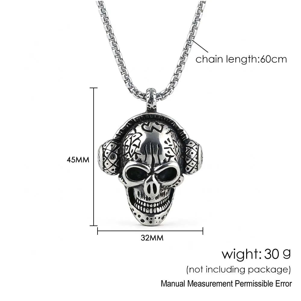 Skull Headphone Pendant Necklace Stainless Steel