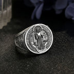 Eudora 925 Sterling Silver Saint Benedict Medal Adjustable Ring San Benito Cross Amulet Religious Jewelry Gift for Men Women