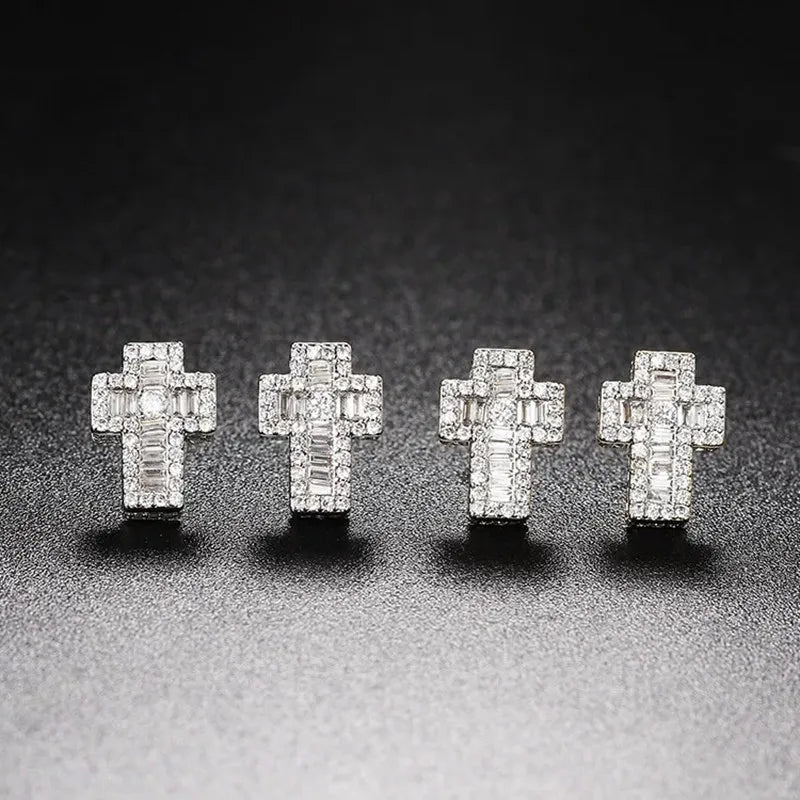 Luxury Punk Cross Earrings for Men Iced Out Zirconia Hiphop Stud Earring Gold Color Women's Accessories Fashion Jewellery