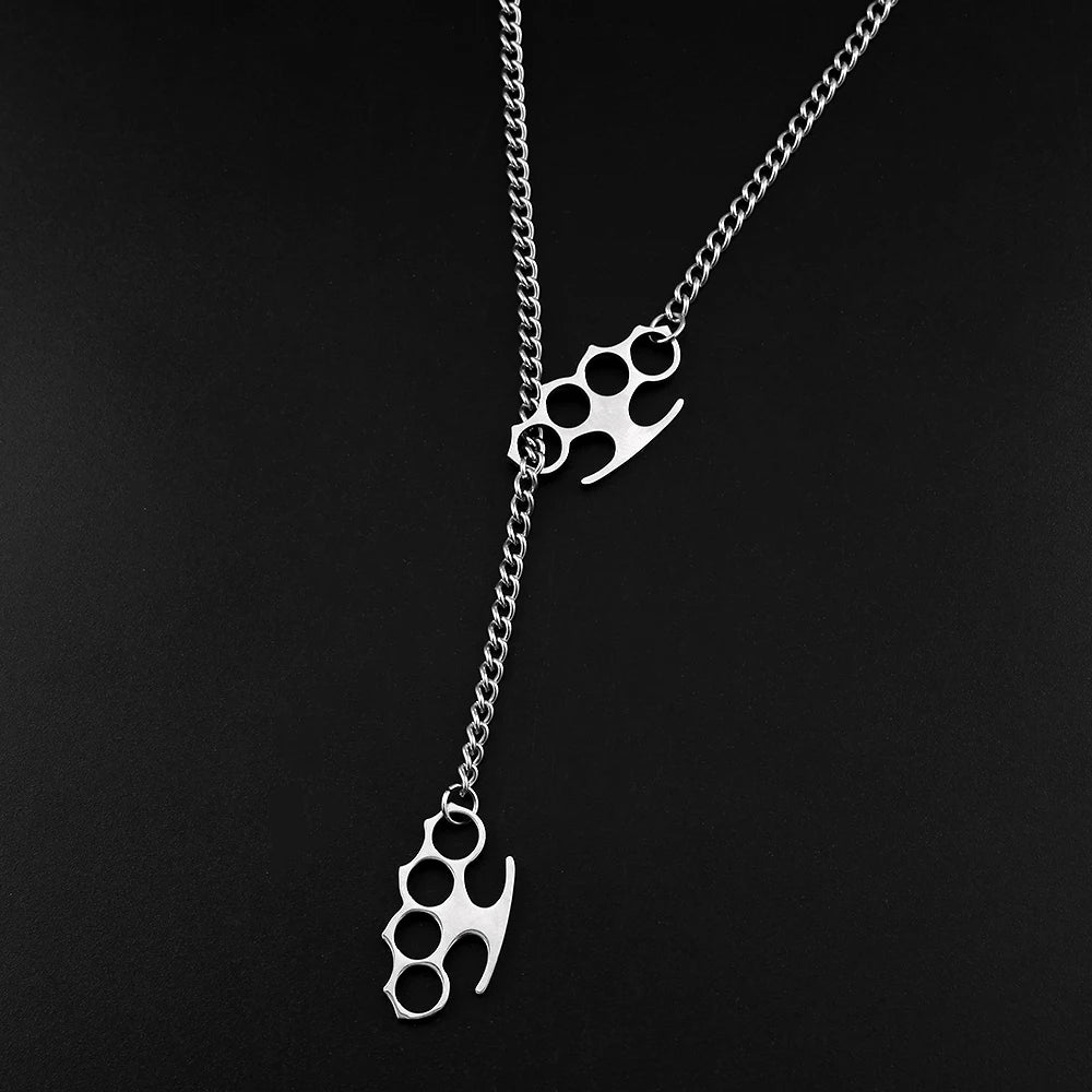 Hip Hop Stainless Steel Knuckles Necklace Black Y‑Shape Chain Knuckle Duster Necklace for Men Women Punk Streetwear