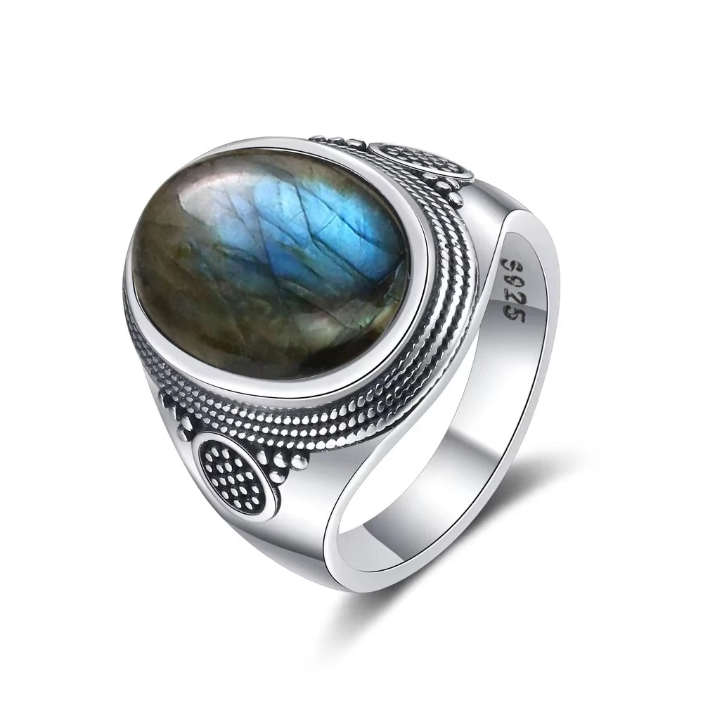 Vintage 925 Sterling Silver Ring Natural Moonstone Ring 10*14mm Oval Large Stone Retro Fine Jewelry Gift For Men