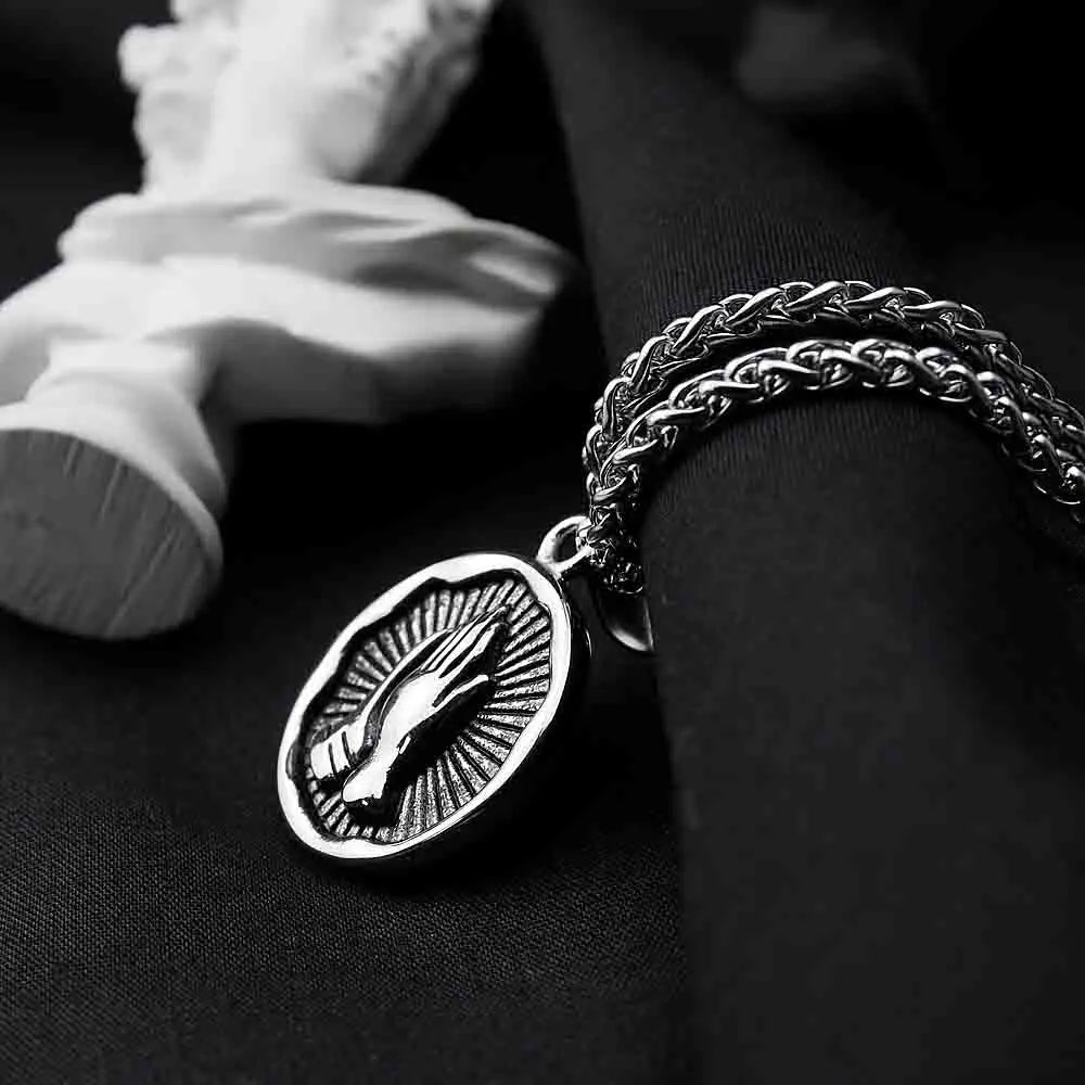 Stainless Steel Serenity Prayer Cross Pendant Religious Necklace Praying Hands Coin Medal For Him