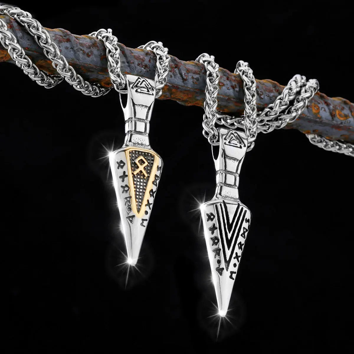 Men Viking Stainless Steel Necklace Double-sided Gold Color Norse Spear Pendant Thor Hammer Vegvisir Amulet