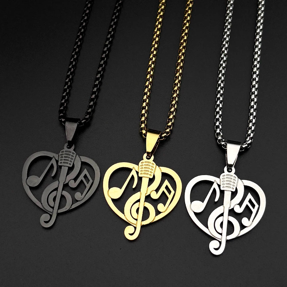 Heart Treble Clef Microphone Pendant Necklace Stainless Steel Gold Color Music Note Jewelry Gift Singer Musician