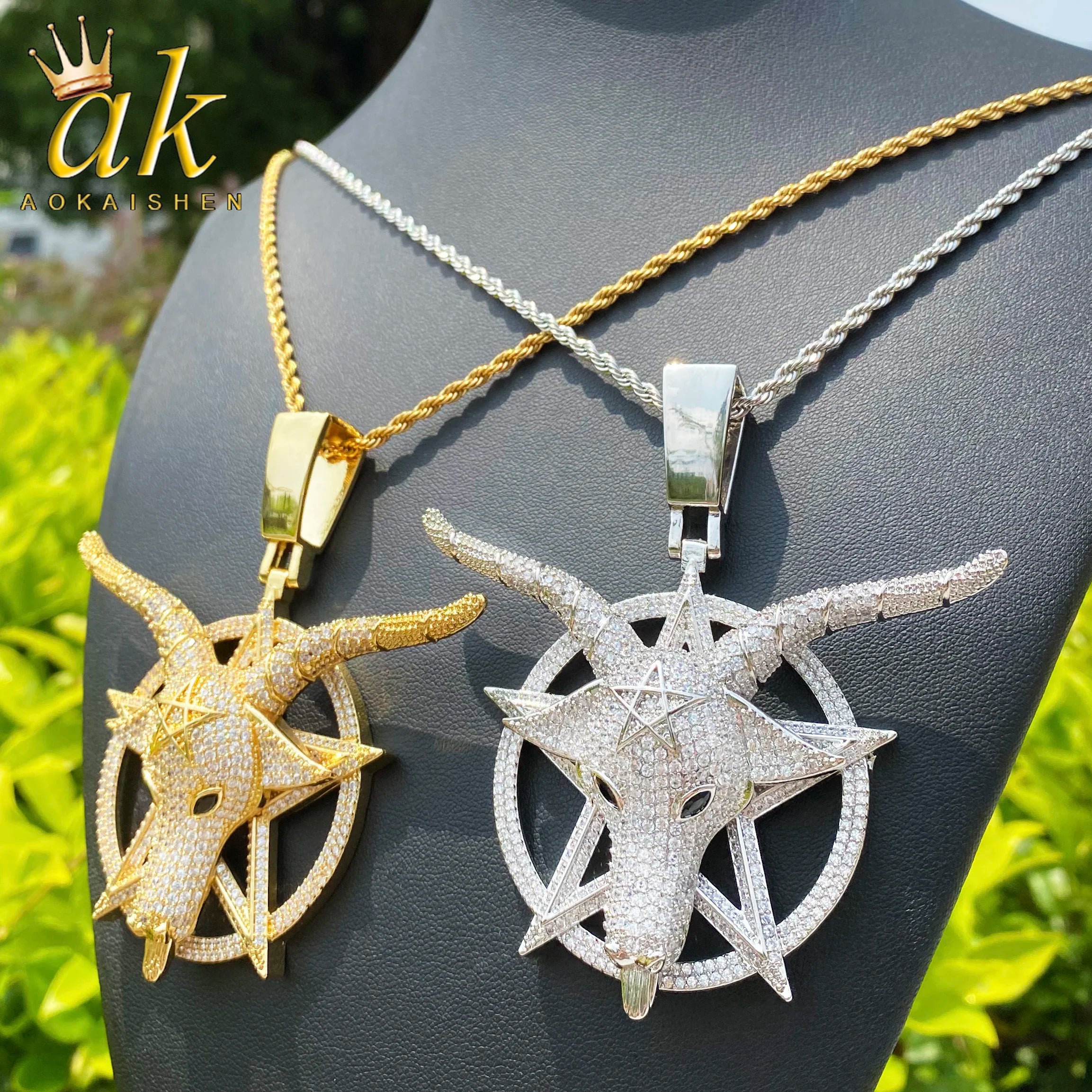 Aokaishen Iced Out Goat Star Circle Necklace Pendant for Men Real Gold Plated Cubic Zirconia Hip Hop Jewelry