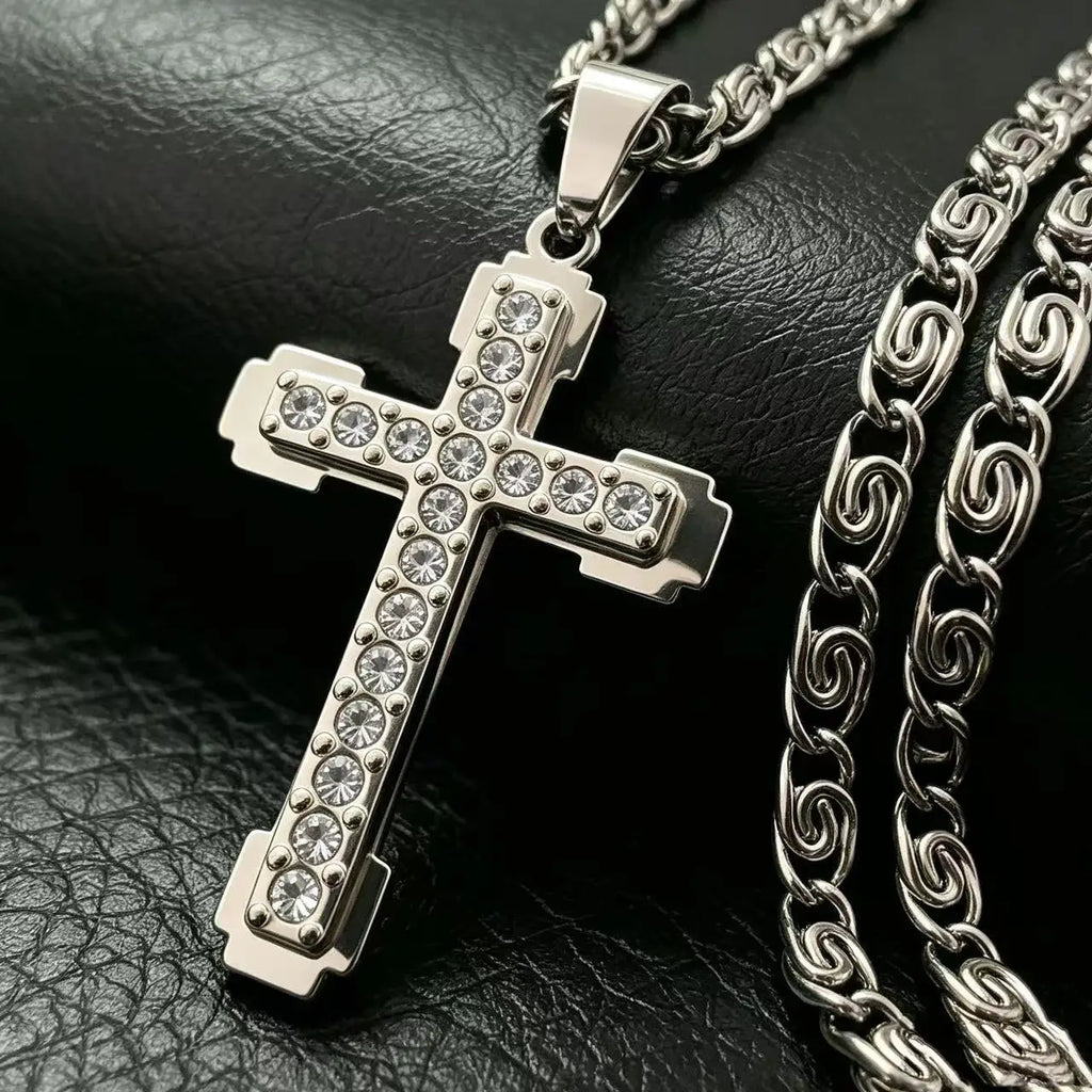 Iced Cross Stainless Steel Pendant Necklace
