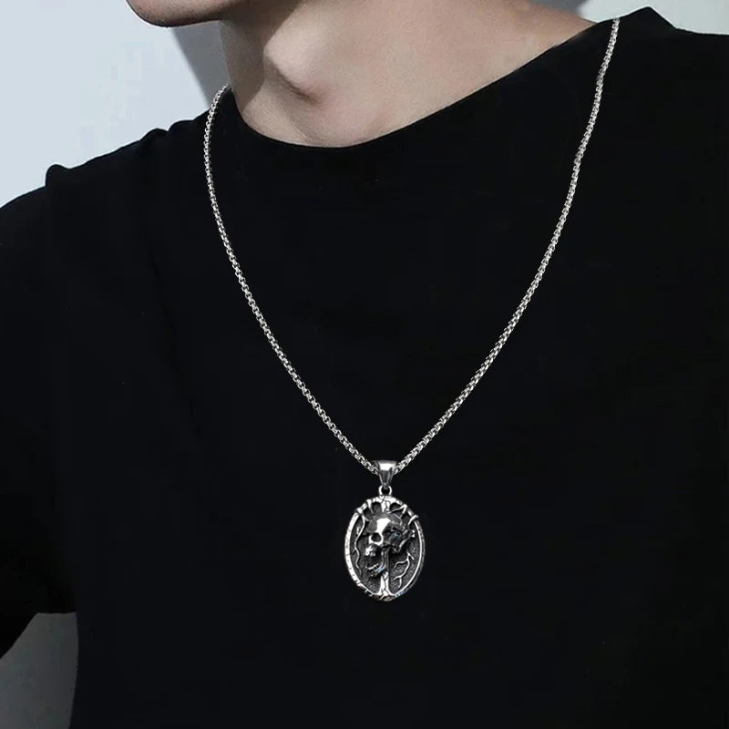 Silver Skull Pendant Necklace Box Chain Stainless