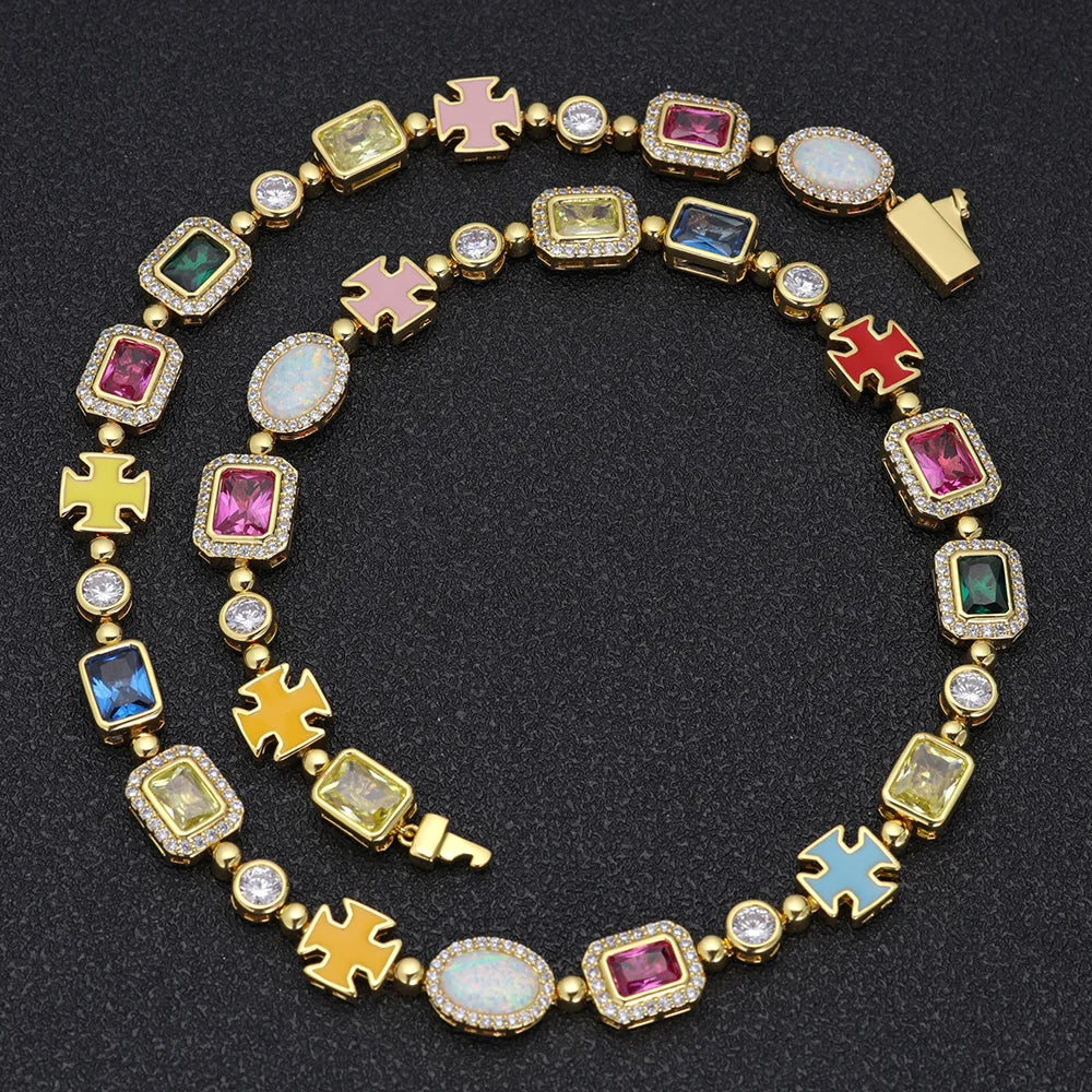 Cross Chain Necklace Iced Out Colorful Gemstone