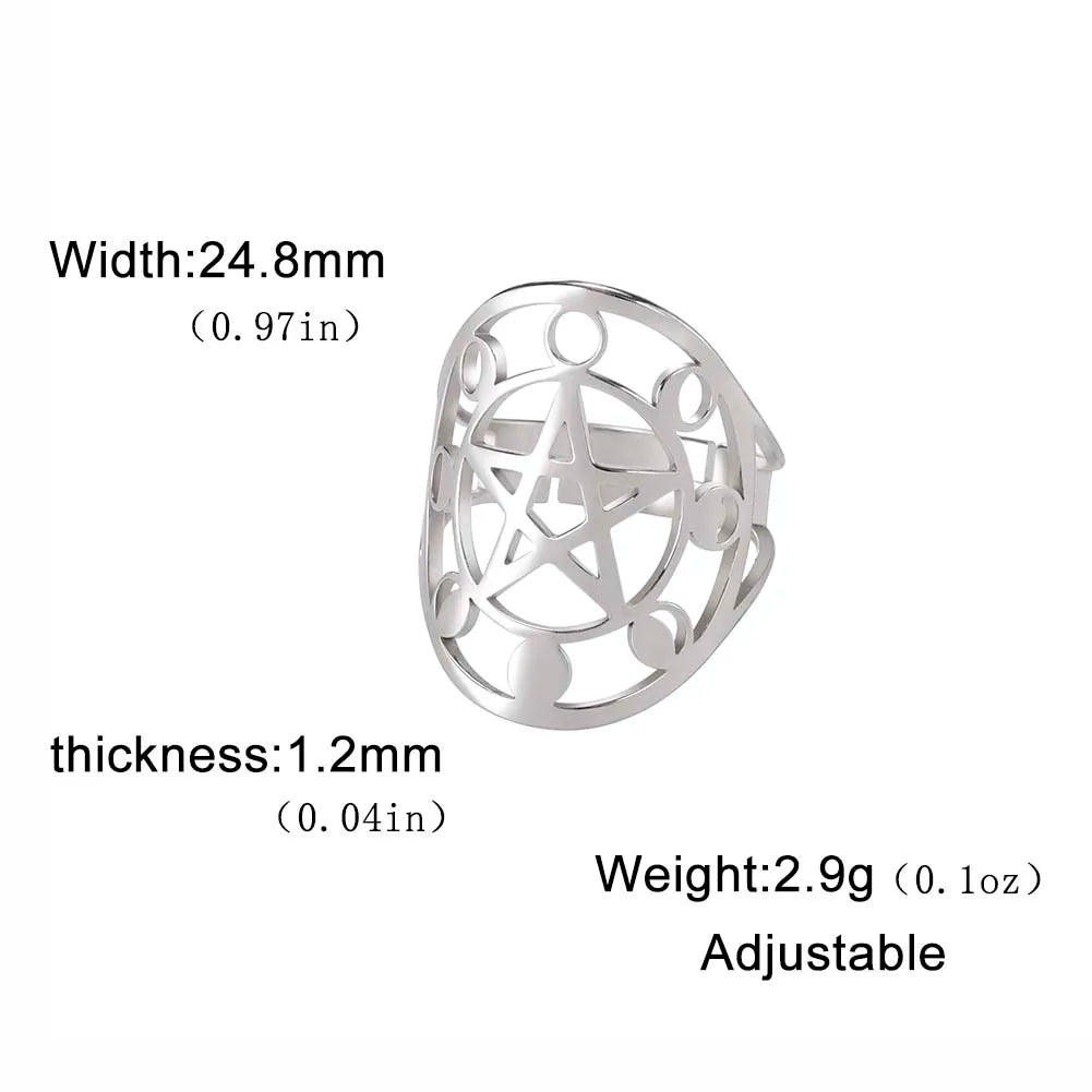 Moon Phase Pentagram Adjustable Ring — Stainless Steel
