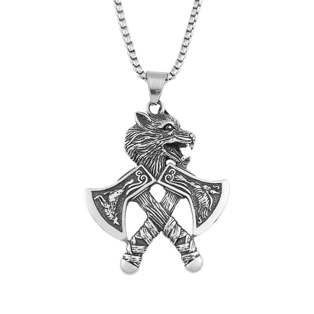 Viking Double Axe Wolf Head Pendant — SS