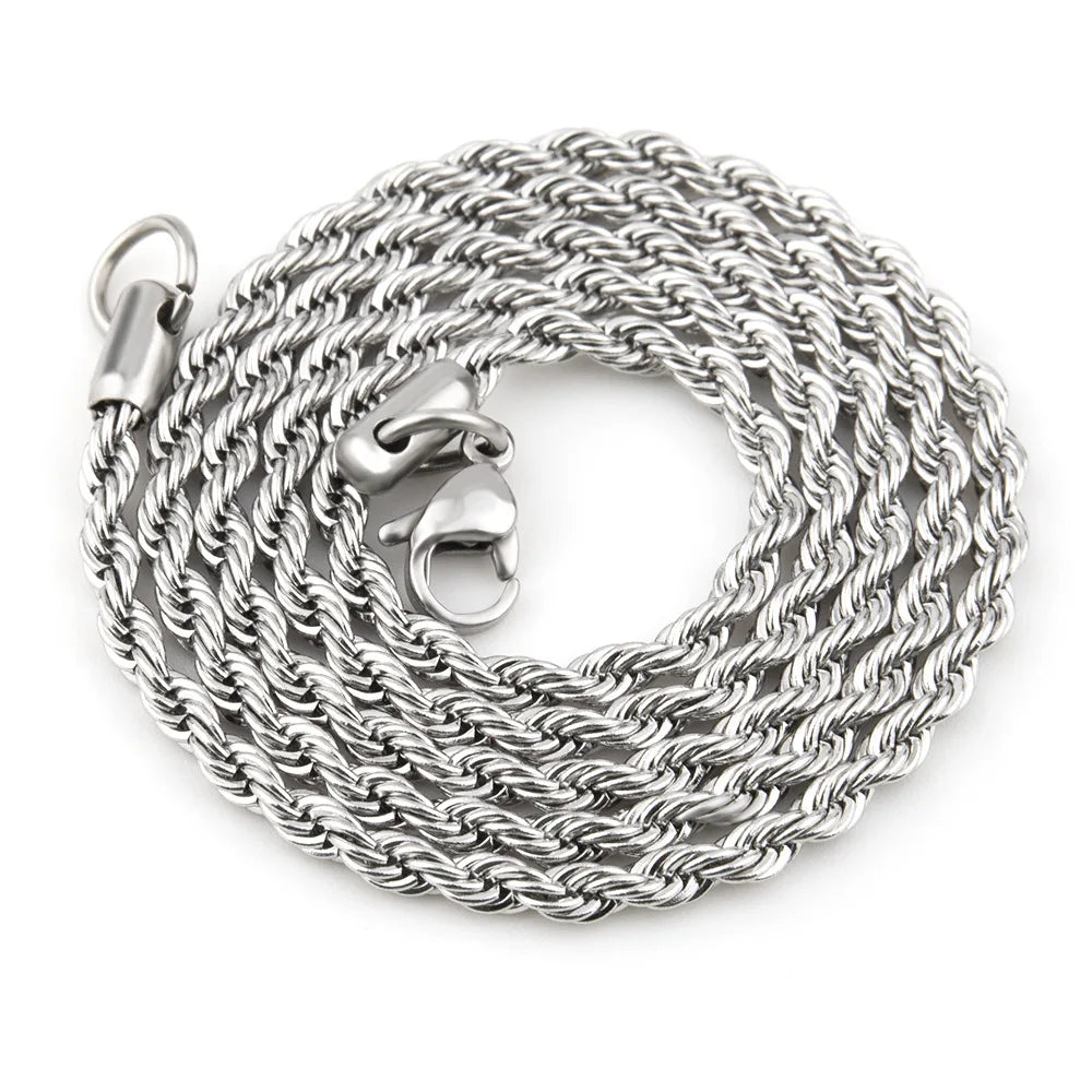 Silver Color 3mm Stainless Steel Necklace Men Twist Chain Basic Chain Hip Hop Jewelry Trend Accessories