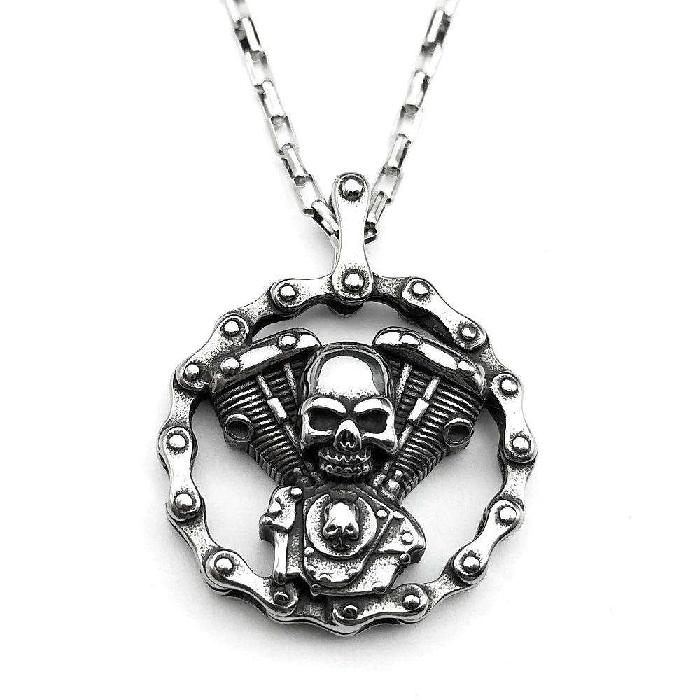 Skull Motorcycle Silver Pendant Heavy Duty Engine