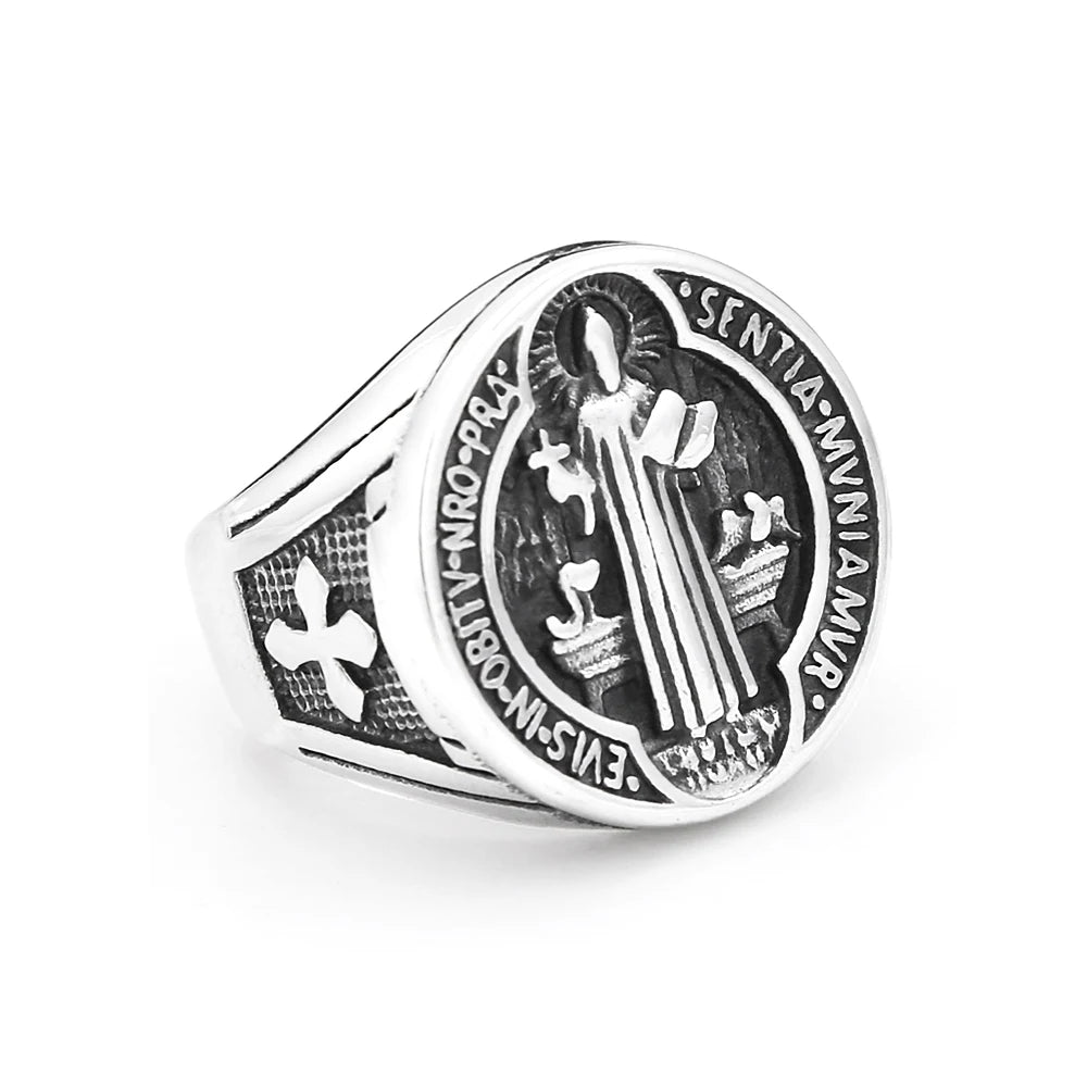 Cross Saint Benedict Steel Ring Vintage 316L Religious