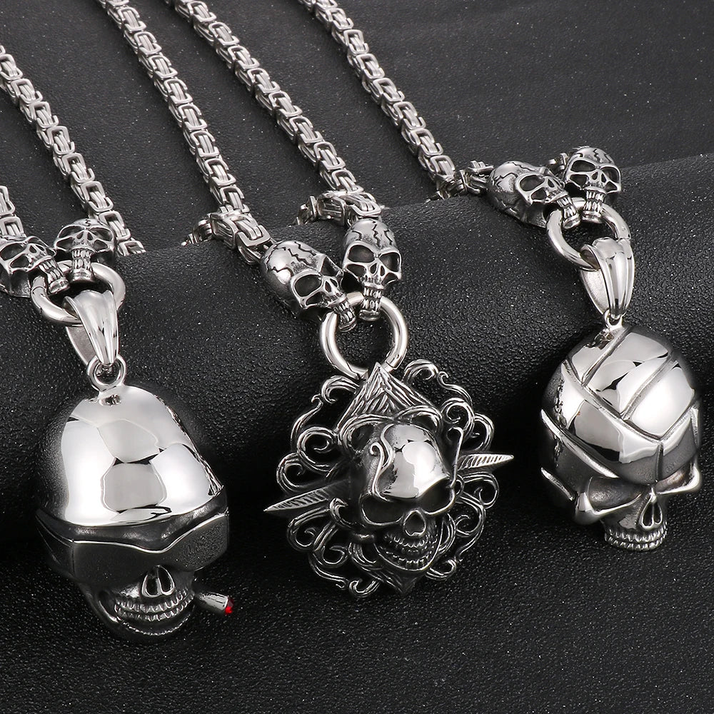 Punk Skull Head Pendants Necklaces for Men Stainless Steel Men's Pendant Necklace With 45--72CM Long Chain Halloween