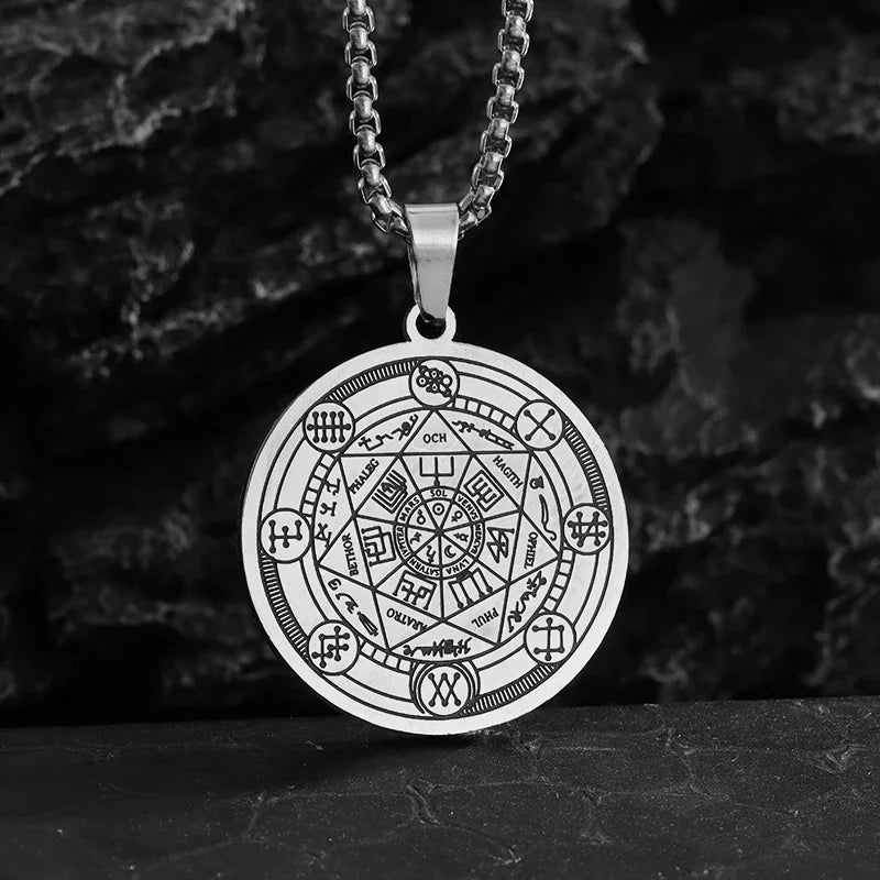Stainless Steel Solomon Religious Seven Archangels Compass Pendant Necklace Men's Retro Lucky Amulet Jewelry