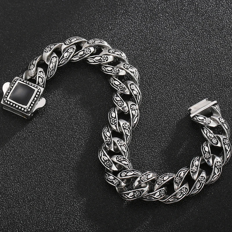 Retro 10 Inches Rose Line Man Bracelet Men Black Onyx Inset Stainless Steel Men's Bracelets Curb Chain Mannen Armband