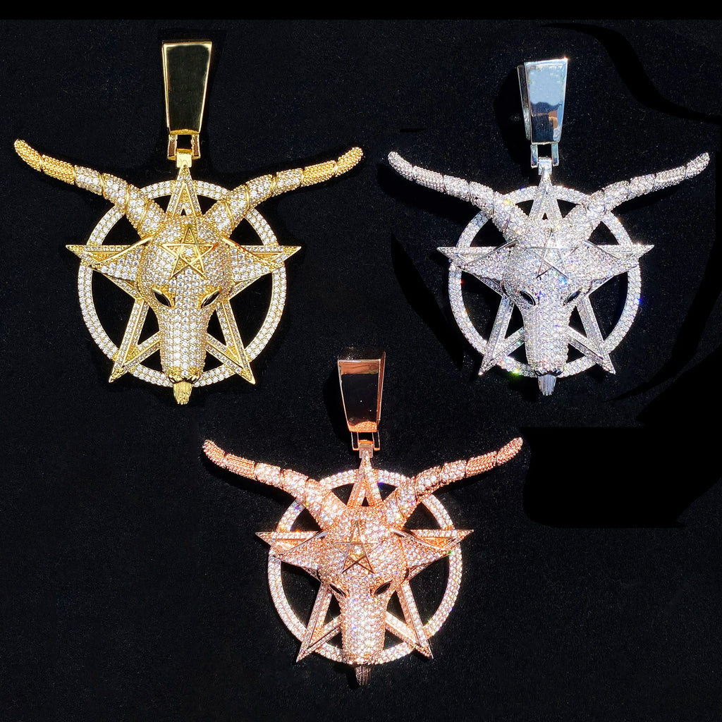 Aokaishen Iced Out Goat Star Circle Necklace Pendant for Men Real Gold Plated Cubic Zirconia Hip Hop Jewelry