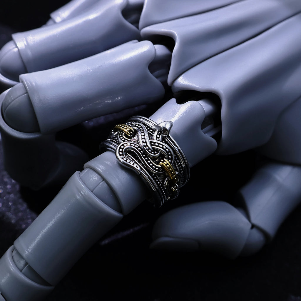 Retro Chained Snake Adjustable Open Ring For Men Silver-plated Copper Gothic Punk Edgy Indie Jewelry Niche Accessories