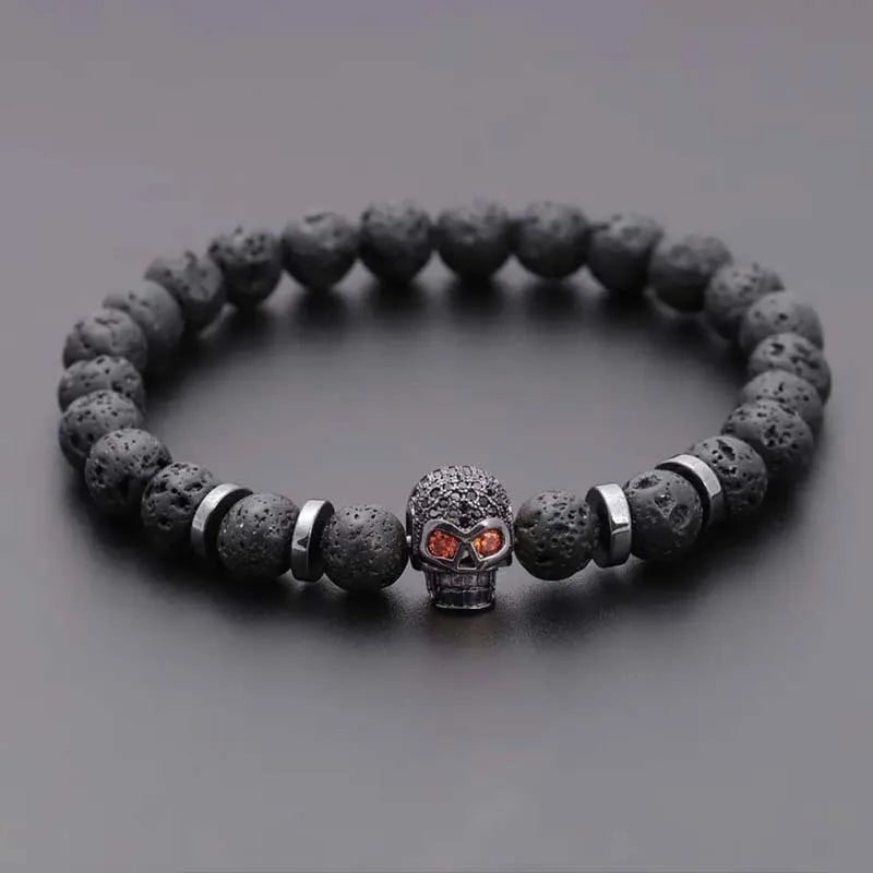 Hot sale natural stone volcanic rock beaded bracelet micro inlaid zircon skull personality copper accessories jewelry