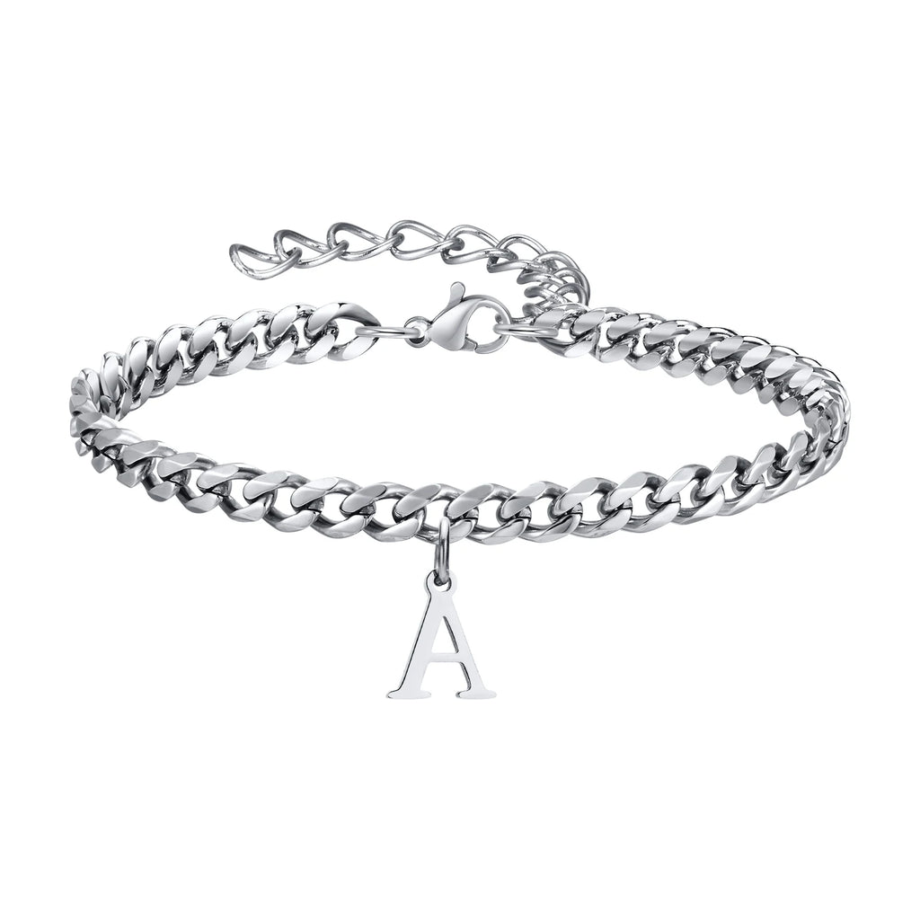 Vnox A-Z Initial Bracelets for Men Women, Never Fade Silver Color Stainless Steel Cuban Chain Bracelet with 26 Letter