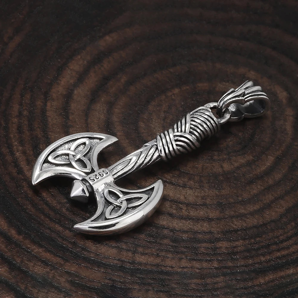 Viking Double Axe Silver Warrior Pendant Necklace