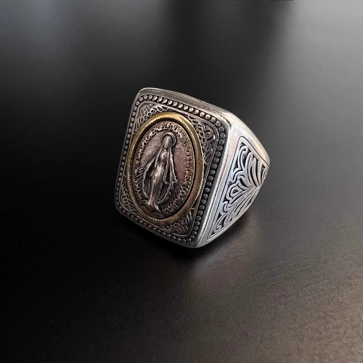 HX Silver Color Literary Faith Original Design By Our Lady of Notre Dame Ring Niche Style Hip-hop Retro Men and Women
