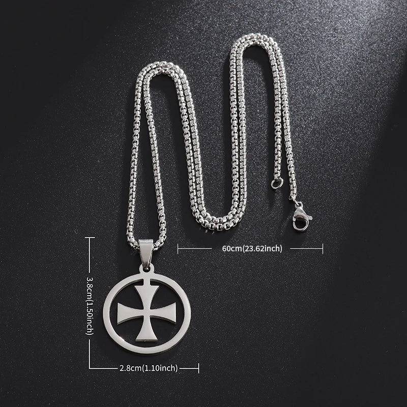 Templar Cross Round Medal Pendant Necklace — Stainless Steel