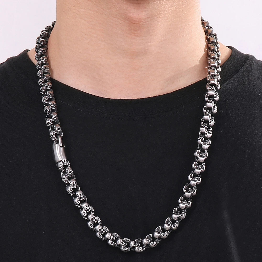 12MM Width Men's Stainless Steel Skull Head Link Chain Necklace Punk Rock On Neck Skeleton Jewelry Gothic Style
