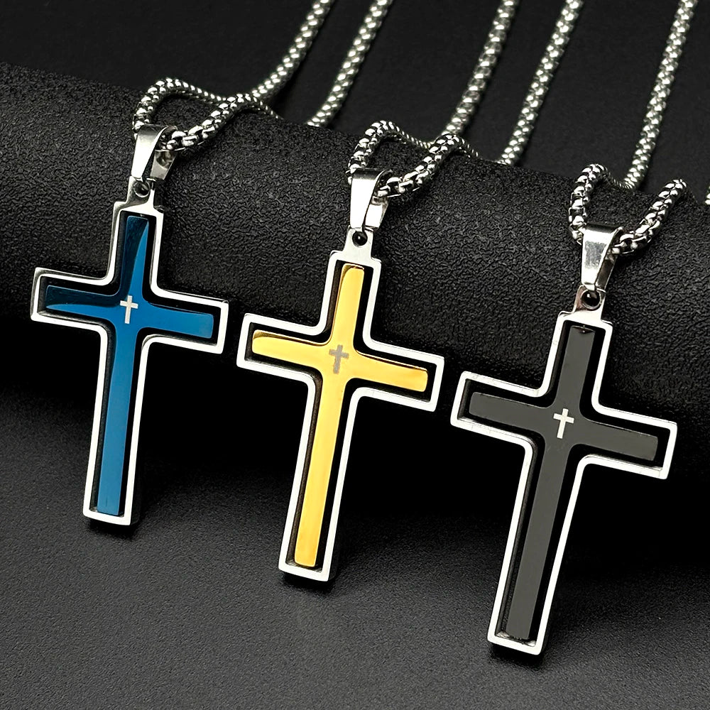 Christian Two-Tone Double Rotatable Cross Stainless Steel Jesus Amulet Pendant Necklace for Women Men Gold Color Chain