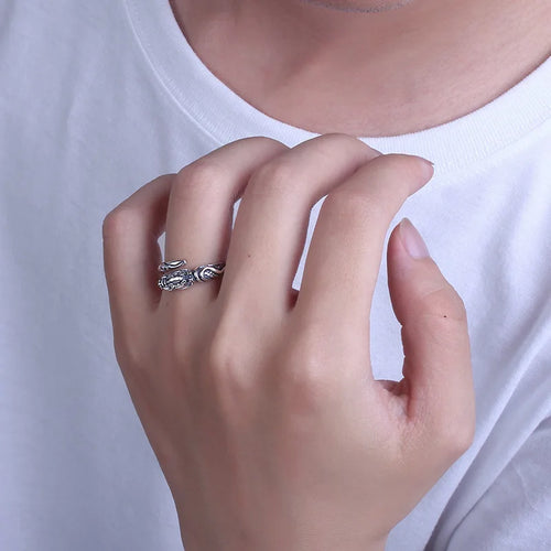 Chinese Dragon Animal Band Ring for Men Women — Silver-Tone