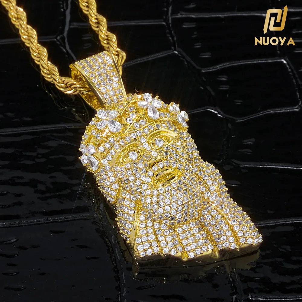 NUOYA Luxury Jewelry Iced Out Diamond Jesus Head Pendant 18K Gold Plated Micro Pave Zircon Hip Hop Pendant Jewelry Gift for Men