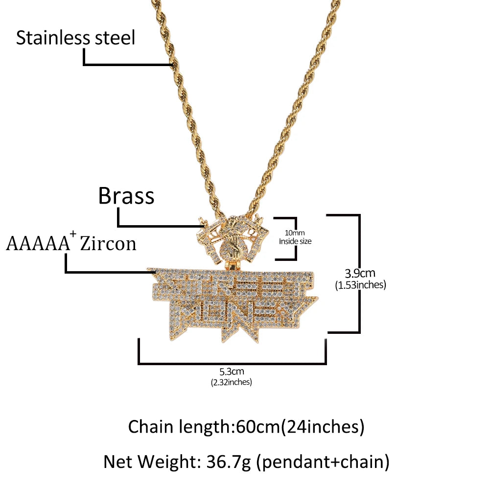 THE BLING KING Icy Street Money Pendant With Dollar Bag Guns Hook Mens Necklace 18K Gold Plated Iced Out 5A CZ Hip Hop Jewelry