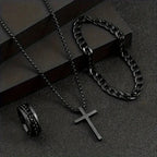 Black-Tone Cross Pendant Necklace Bracelet Ring Set for Men