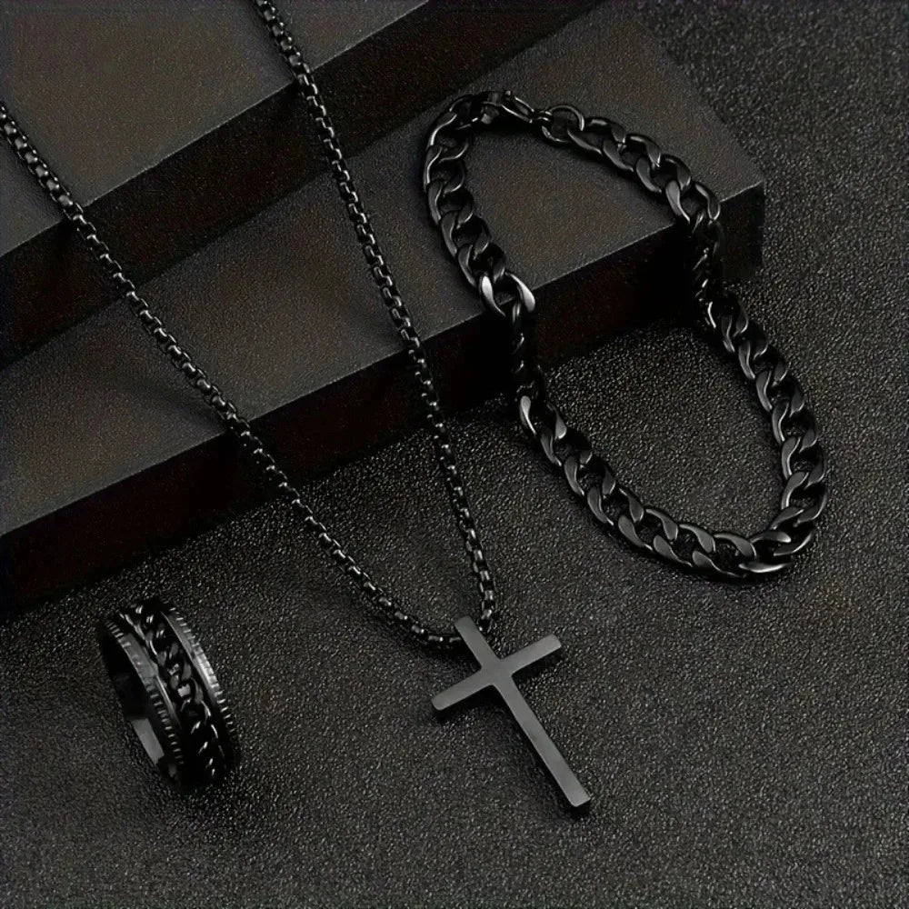 Black-Tone Cross Pendant Necklace Bracelet Ring Set for Men