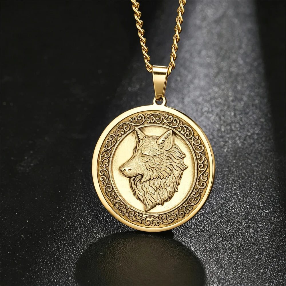 Vintage Wolf Head Necklace Brass 3D Embossed Wolf Coin Pendant Stainless Steel Chain Norse Animal Totem Jewelry Gift