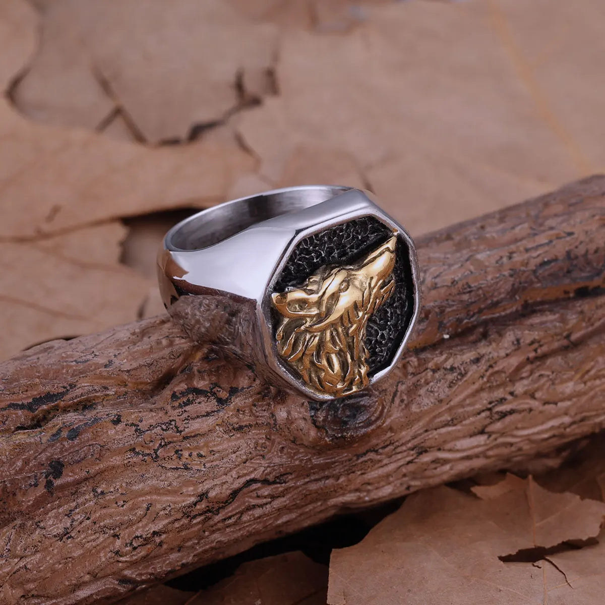 Stainless Steel Polishing Gold Color Wolf Head Ring Nordic Vikings Giant Animal Fenrir Masculine Men Finger Jewelry