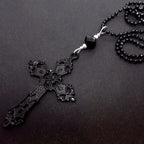 Gothic Hollow Relief Cross Pendant Beaded Chain Necklace — Black