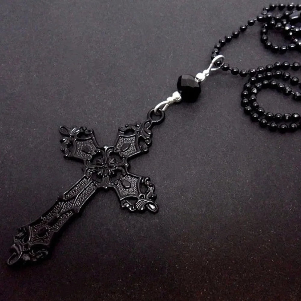 Gothic Hollow Relief Cross Pendant Beaded Chain Necklace — Black